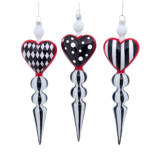 GLASS BLACK, WHITE & RED HEART PATTERN ICICLE ORNAMENTS / INDIVIDUAL 