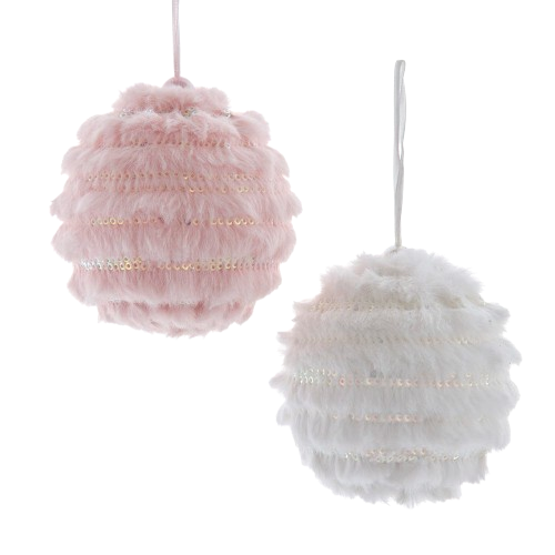 FUZZY WHITE & PINK BALL ORNAMENTS / INDIVIDUAL 