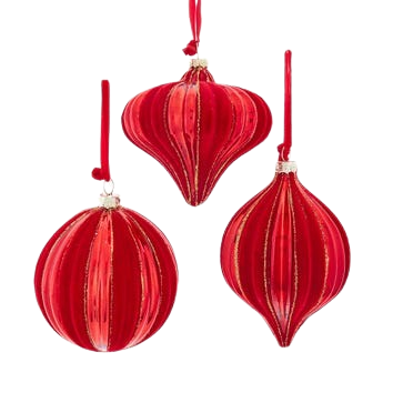 100MM Glass Flocked Red With Gold Glitter Ball, Onion & Finial Ornaments, 3 Assorted