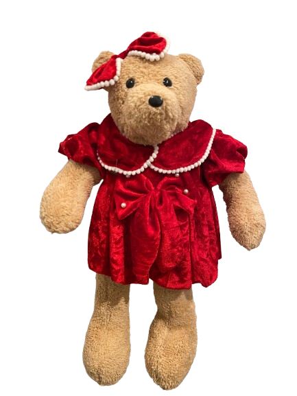 23” TEDDY BEAR GIRL CAMEL VESTIDA DE TERCIOPELO ROJO. 