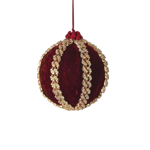 4" VELVET JEWELED BALL ORNAMENT - BURGUNDY