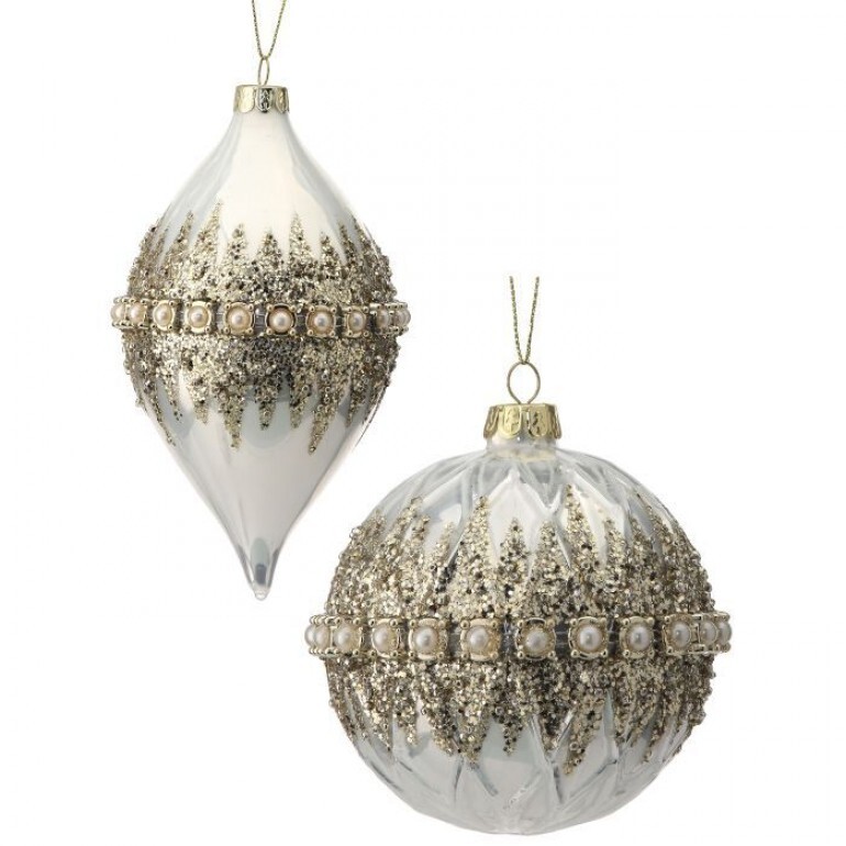 4-6"GLS BEADED PEARL BALL/FNL ORNAMENT 2AS