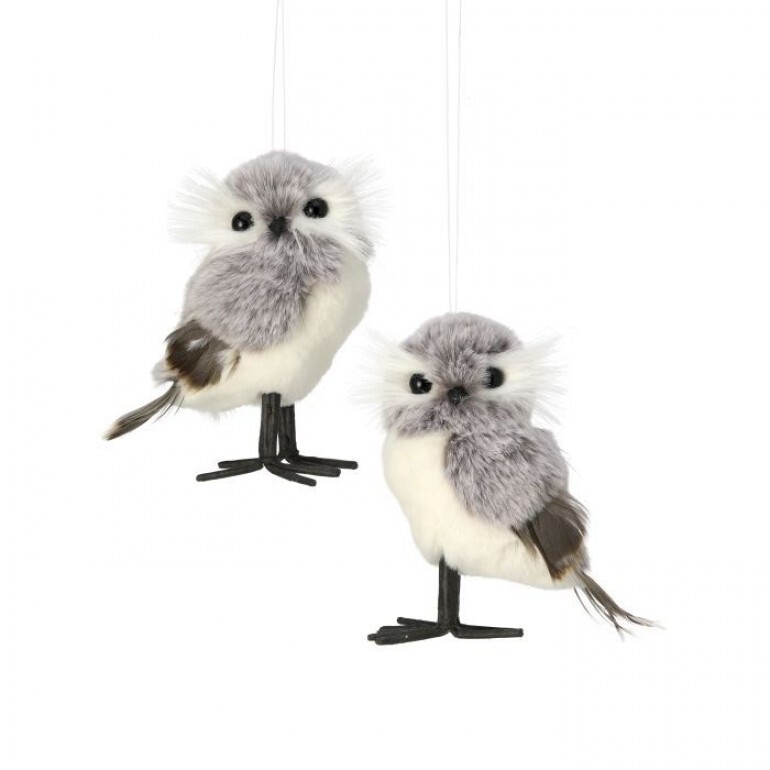 5" FUR W/FEATHER WINTER OWL ORNAMENT 2/AST