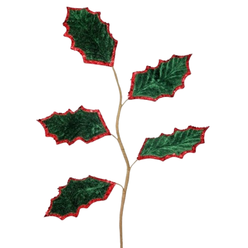 28" SEQUIN VELVET HOLLY LEAF SPRAY