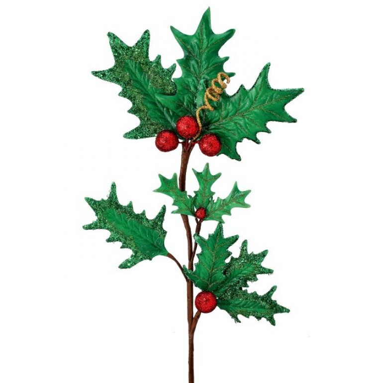 25" LARGE GLITTER HOLLY SPRAY W/BERRIES