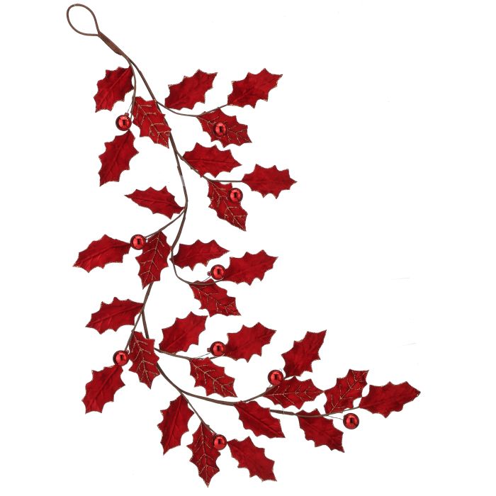 47" VELVET HOLLY LEAF GARLAND W/BALL - RED