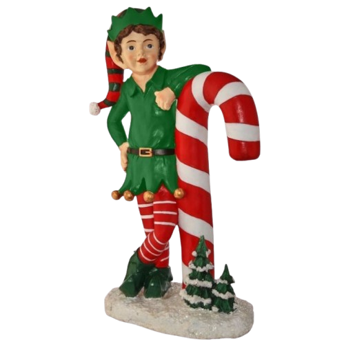 36" RESIN OUTDOOR ELF LEANING ON CANDYCANE