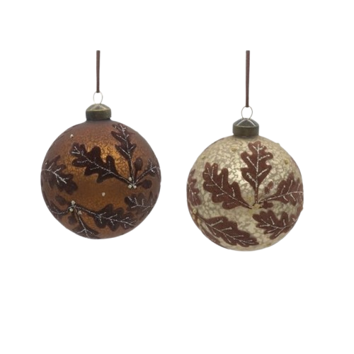 4" GLS FLOCKED LEAF ORNAMENT 2/AST
