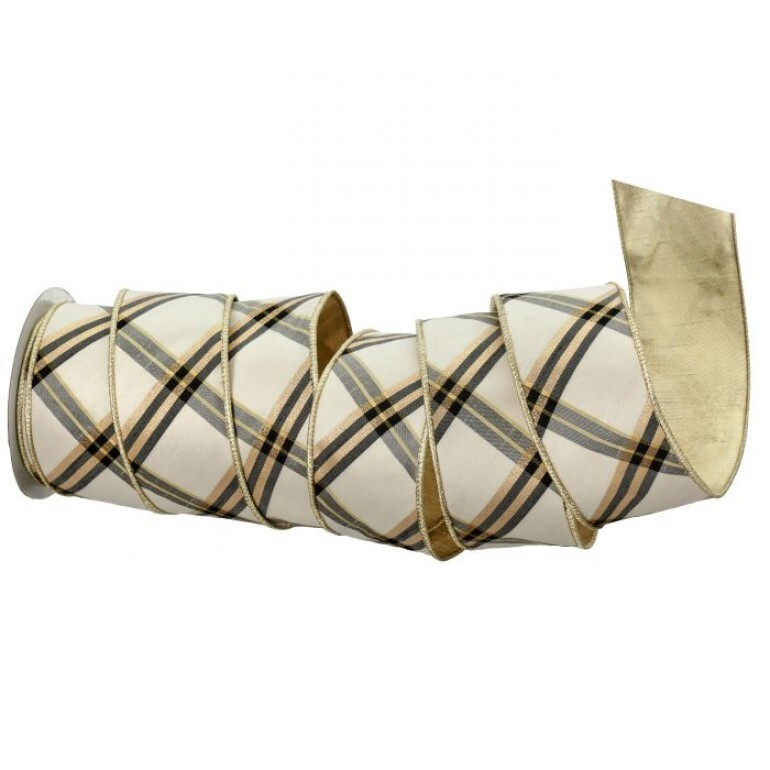 2.5"X10Y PLAID DUPION STRIPE RIBBON - BLACK WHITE GOLD
