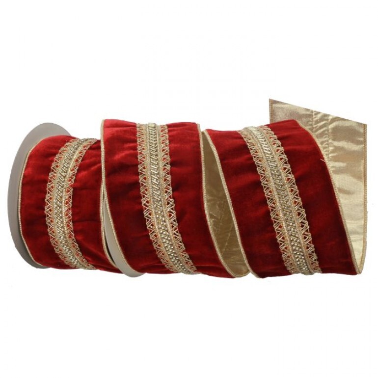 4"X5Y BEADED JEWEL TRIM ROYAL VELVET - RED GOLD