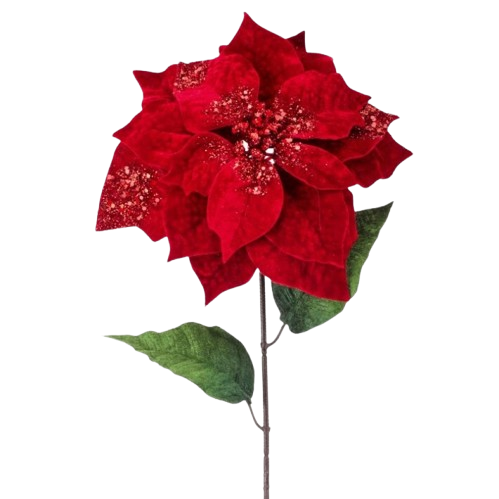 28" PREMIUM GLITTER POINSETTIA STEM - RED