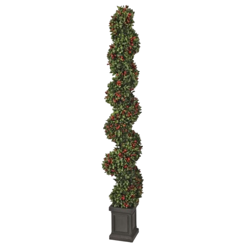 60" UV BOXWOOD/BERRY POTTED SPIRAL TOPIARY