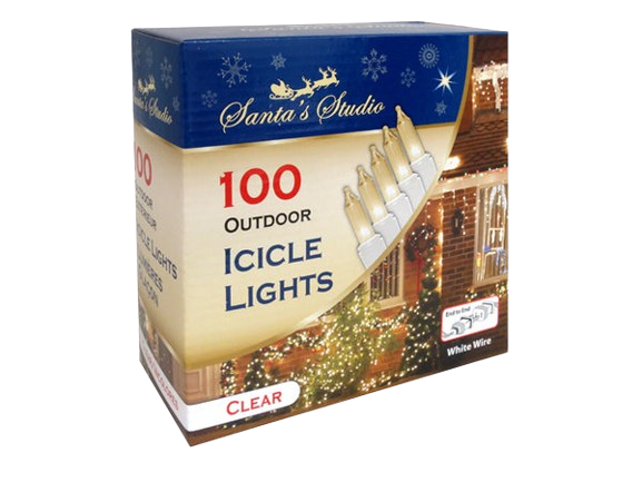 100PK MINI OUTDOOR ICICLE LIGHTS - CLEAR W/ WHITE CORD. END-TO-END. INCANDESCENT. CSA. COLOUR BOX.