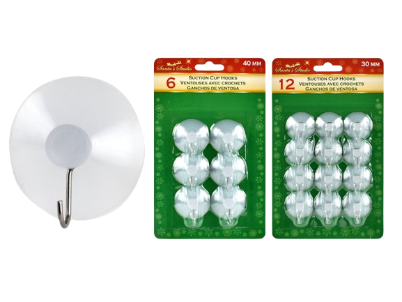 XMAS SUCTION HOOKS. 2 ASST. 6PK-40MM/ 12PK-30MM. B/C