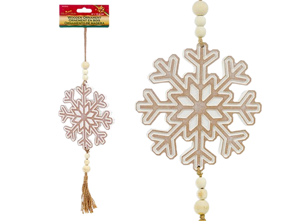 6IN(D) XMAS WOODEN JUMBO EMBOSSED SNOWFLAKE HANGING DECORATION W/BEADS + JUTE TASSEL.