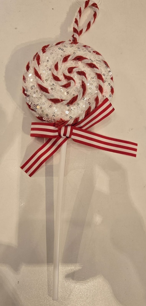 10.3IN X 3.75IN XMAS CANDY CANE CONFETTI LOLLIPOP ORNAMENT W/RIBBON. COTTON HANGER