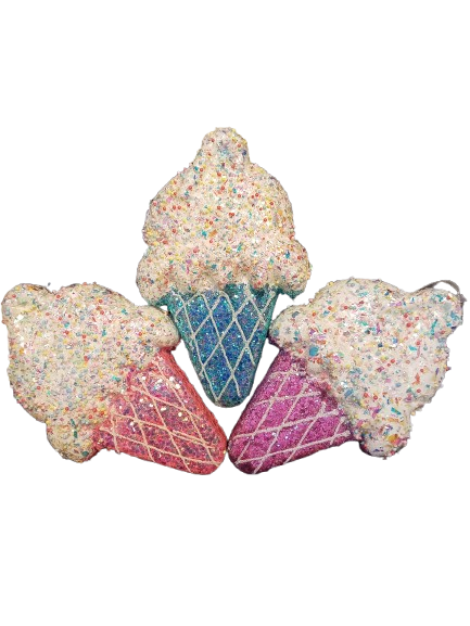 10.25IN X 6.7IN XMAS CANDY SHOP ORNAMENT - DIE-CUT IRIDESCENT ICE CREAM W/SPRINKLES. 