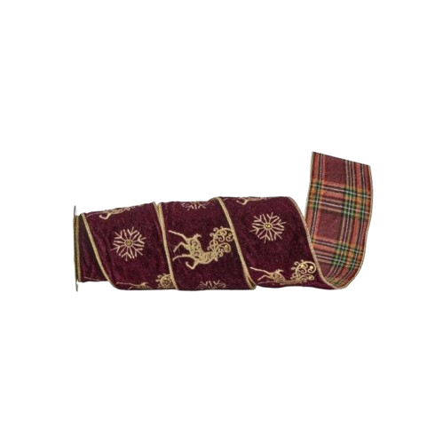 4"X5Y EMB VELVET DEER/PLAID RIBBON - BURGUNDY