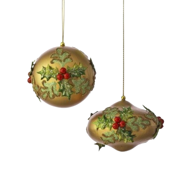 4"HOLLY W/GLITTER BALL/ONION ORN