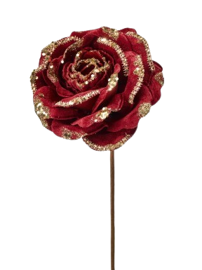 19"GLITTER JEWEL ROSE STEM BURGUNDY GOLD