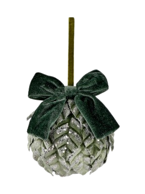 6"VELVET LEAF ORNAMENT W/BOW/CONE MATCHA