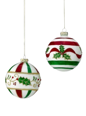 4"GLASS HOLLY RIBBON BALL ORNAMENT 