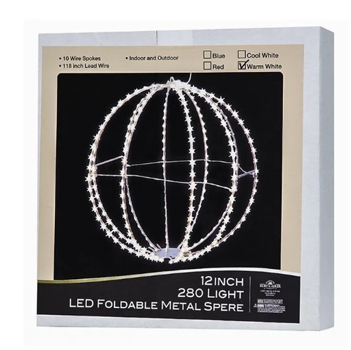 [UL2307WW] 12" 280-LIGHT WARM WHITE LED FOLDABLE SILVER METAL SPHERE