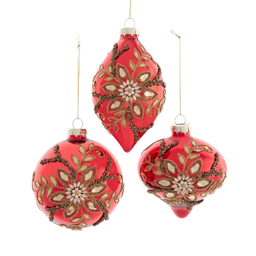 [D4742] 100MM GLASS RED & GOLD WIHT JEWELS  BALL, ONION & FINIAL