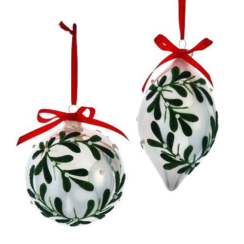 [F2402] GLASS PEARLIZED WHITE WIHT MISTLETOE DESIGN BALL, DROP / INDIVIDUAL 