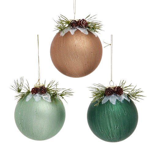 [F2422] GLASS WINTER GREEN & LIGHT BROWN PINECONE DESIGN BALL /  INDIVIDUAL 