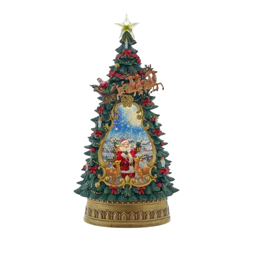[JEL1064] 13.5" BATTERY OPERATED USB LED LIGHTED SANTA & DEER TREETOP WITH SPINNING GLITTER WATER
