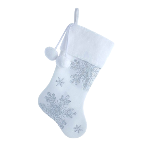 [SG0316] WHITE VELVET SEQUINED SNOWFLAKES STOCKING 