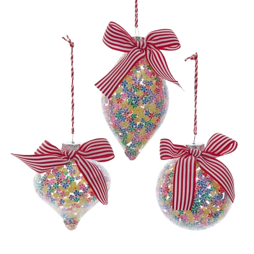 [T3737] 70-80 MM GLASS CANDY PATTERN BALL, ONION & FINIAL ORNAMENTS / INDIVIDUAL 