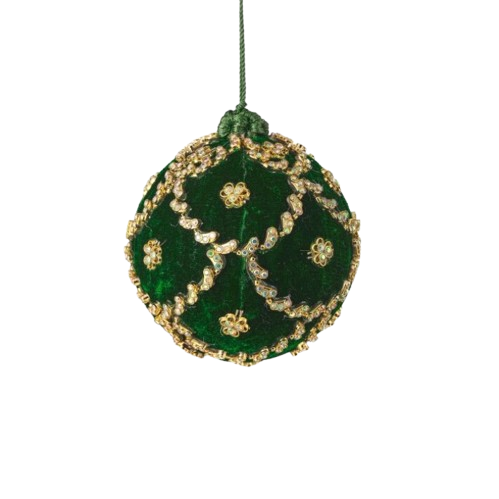 [MTX75360GREEN] 4"JEWELED SCALLOPED VELVET BALL ORNAMENT - GREEN 