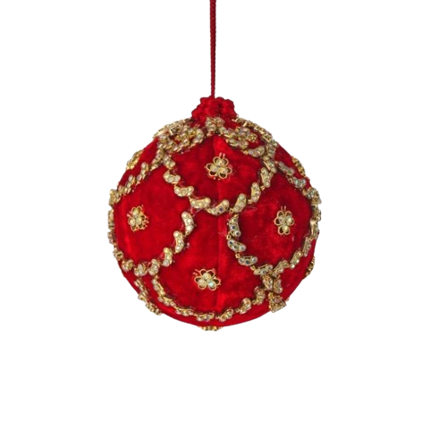 [MTX75360RED] 4"JEWELED SCALLOPED VELVET BALL ORNAMENT - RED