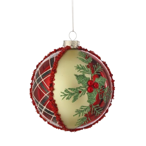[MTX75700] 4" GLASS PLAID HOLLY BALL ORNAMENT