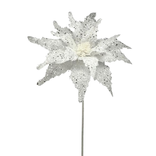 [MTX75807] 22" SEQUIN GLITTER POINSETTIA STEM - WHITE