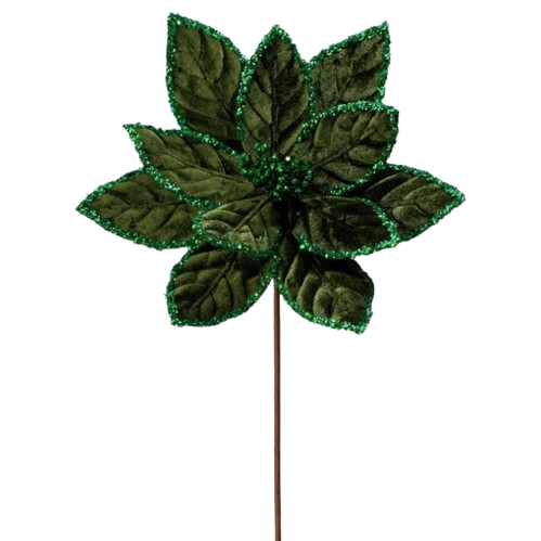 [MTX68955EMER] 24"SEQUINS EDGE VELVET POINSETTIA STEM - EMERALD