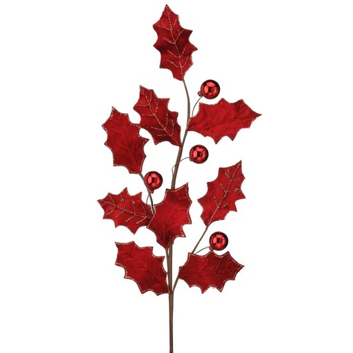 [MTX73407] 27" VELVET HOLLY LEAF SPRAY W/BALL - RED