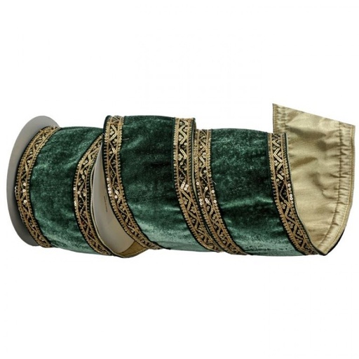 [MTX74897] 4"X5Y DBL SIDED SEQUIN TRIM VELVET RIBBON -  GREEN GOLD