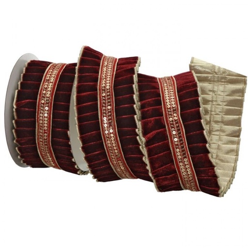 [MTX74900BG] 4"X5Y PLEATED VELVET W/TRIM RIBBON - BURG GOLD