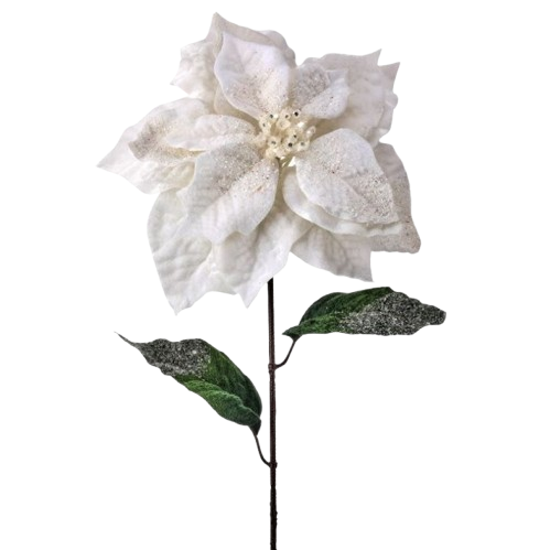 [MTX76756EHITE] 28" PREMIUM GLITTER POINSETTIA STEM - WHITE