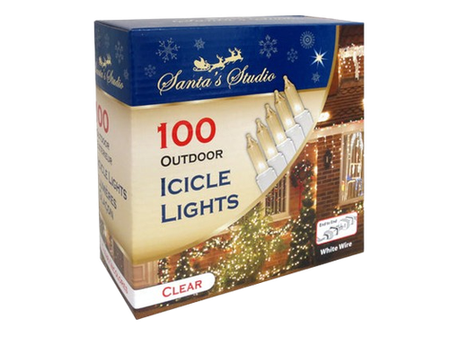 [XM19933] 100PK MINI OUTDOOR ICICLE LIGHTS - CLEAR W/ WHITE CORD. END-TO-END. INCANDESCENT. CSA. COLOUR BOX.