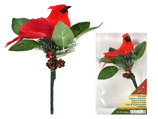 [XM28050] 7-1/8IN XMAS FEATHER CARDINAL BIRD PICK W/ PINE & HOLLYBERRIES. 2 ASST