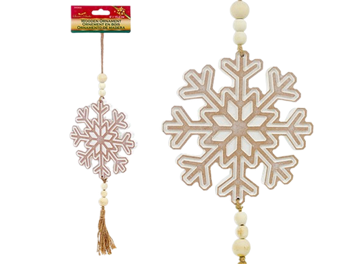 [XM34656] 6IN(D) XMAS WOODEN JUMBO EMBOSSED SNOWFLAKE HANGING DECORATION W/BEADS + JUTE TASSEL.