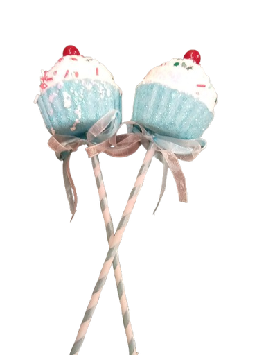 [XM39644] 2pk 9.5in(H) x 2.2in(D) Xmas Glitter Candy Cupcake Pick  w/Ribbon.