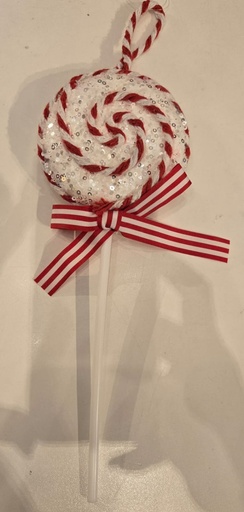 [XM39776] 10.3IN X 3.75IN XMAS CANDY CANE CONFETTI LOLLIPOP ORNAMENT W/RIBBON. COTTON HANGER