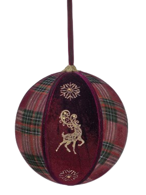 [MTX79046BURG] 8"PLAID DEER VELVET BALL ORNAMENT BURG