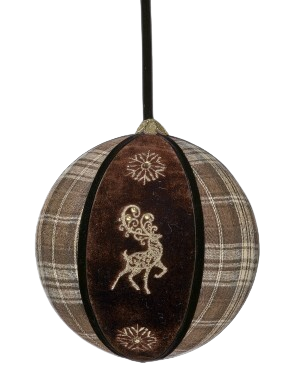 [MTX79046CHOC] 8"PLAID DEER VELVET BALL ORNAMENT CHOC