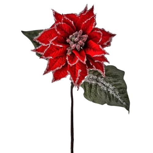 [MTX74542RED] 28" VELVET ICED GLITTER POINSETTIA STEM - RED